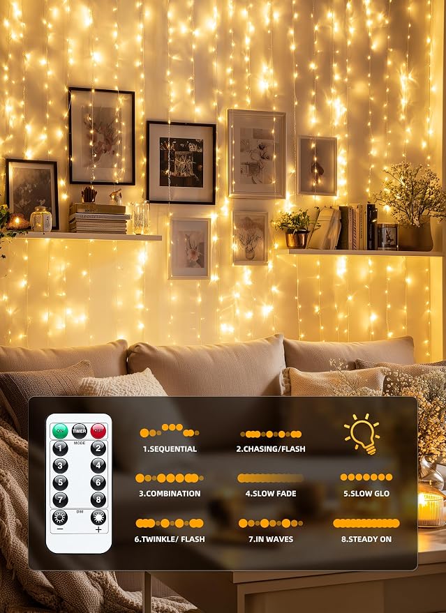 Brightown 300 LED Fairy Curtain Lights, 9.8ft x 9.8ft String Lights | USB Plug - Image 5
