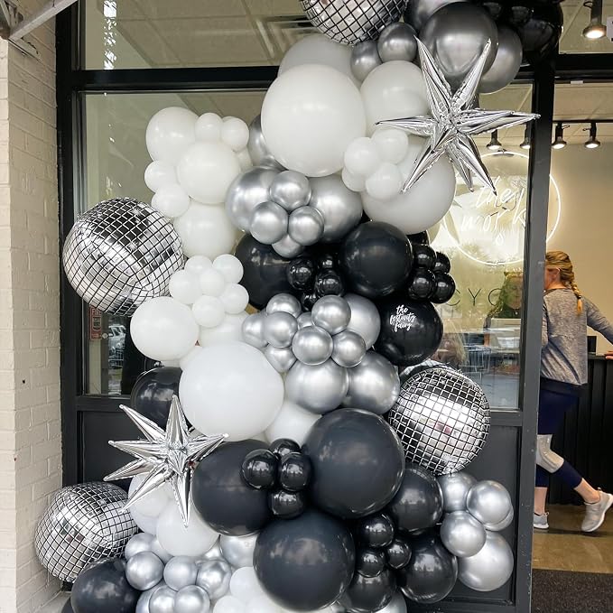 Black Silver Balloon Arch Kit 138Pcs Black White Metallic Silver Confetti Disco - Image 5