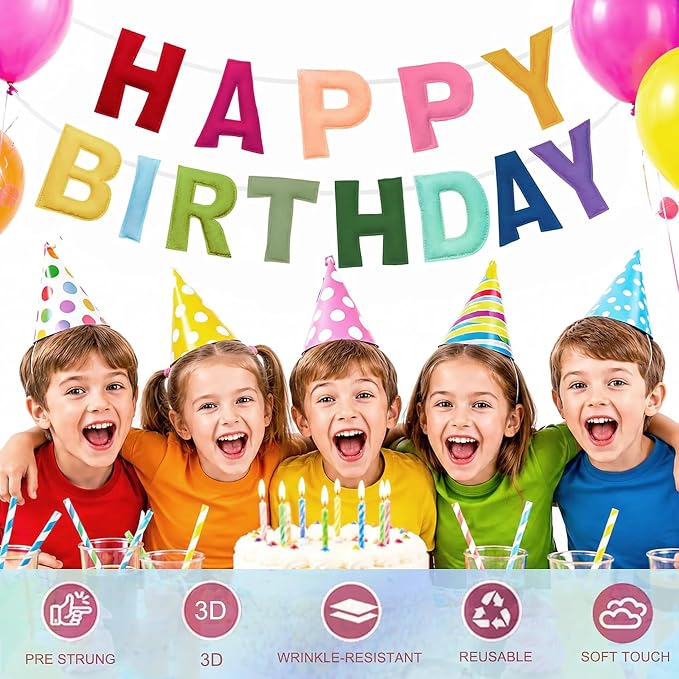 Felt Happy Birthday Banner, Pre-Strung 3D Birthday Rainbow Garland Banner | - Image 4