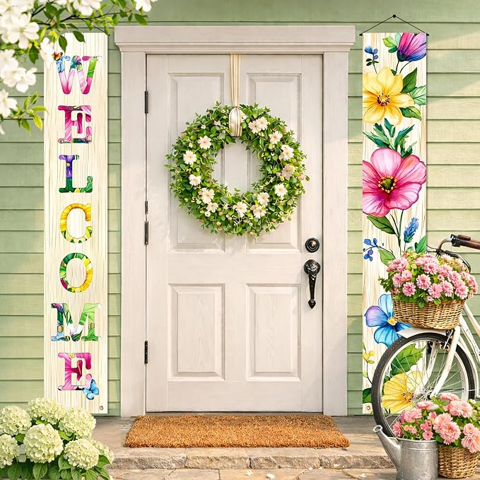 Hometitute 2 Pcs Spring Summer Welcome Floral Porch Banners Butterfly Flower - Image 2