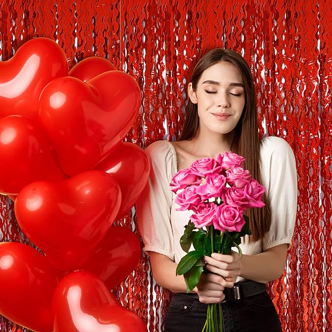 BOMSI Red Tinsel Foil Fringe Curtains Wavy Backdrop - Image 4