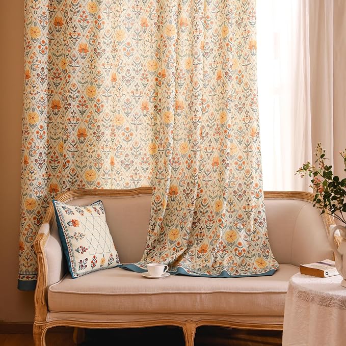 Designer French Linen Printed Curtains, 2 Panels, Floral Pattern Draps - Image 8