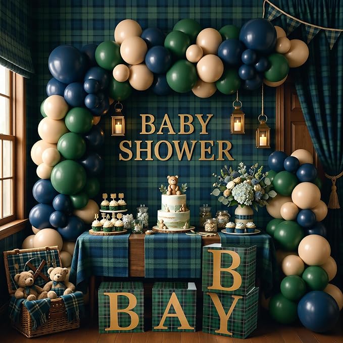 156 Pcs Green Blue Tartan Plaids Bear Baby Shower Decorations | Luxury - Image 4