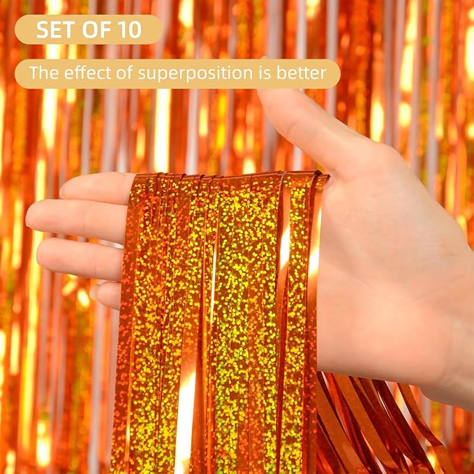 10 Pack Orange Foil Curtain Backdrop 3.2ft x 9.8ft Metallic Tinsel Foil Fringe - Image 2