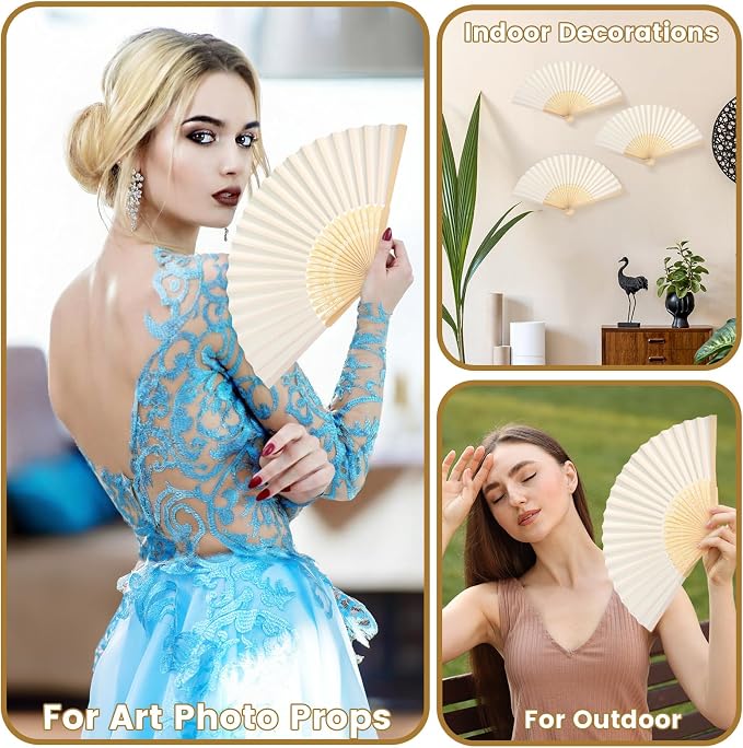 Qunclay 60 Pcs White Paper Hand Fans Bulk Bamboo Folding Handheld Wedding Fans - Image 5