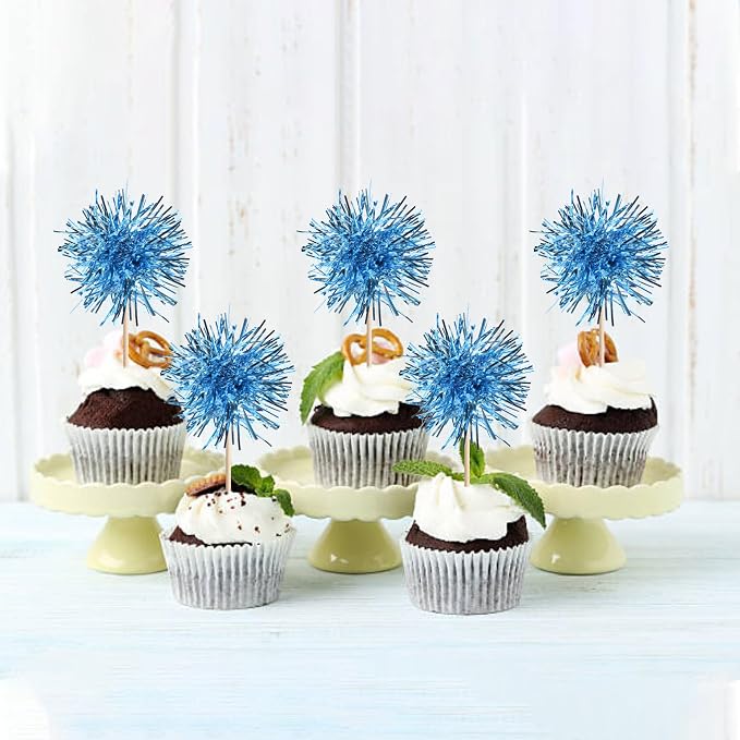 40 PCS Foil Firework Cupcake Toppers Light Blue Sparkler Cupcake Picks Sparkle - Image 5