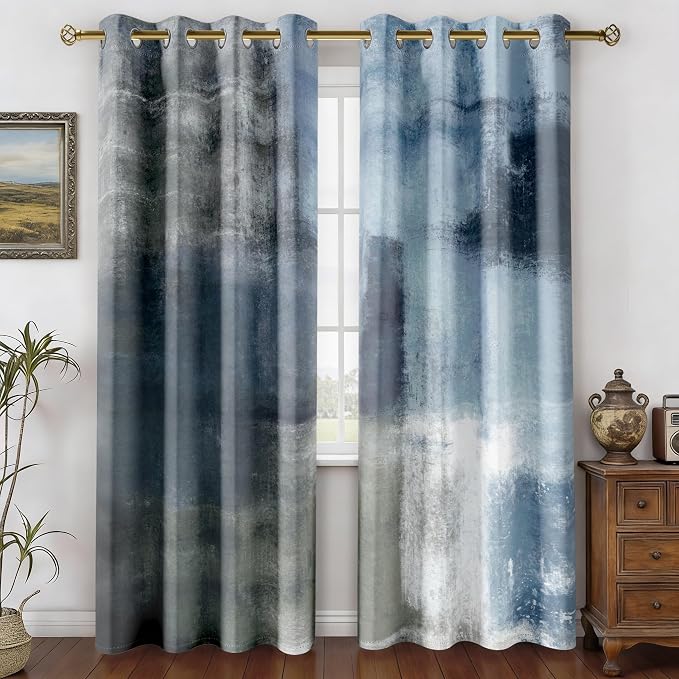 Asuexpect Dusty Blue Abstract Curtains 2 Panels Set Navy Grey Geometric Curtain by Asuexpect