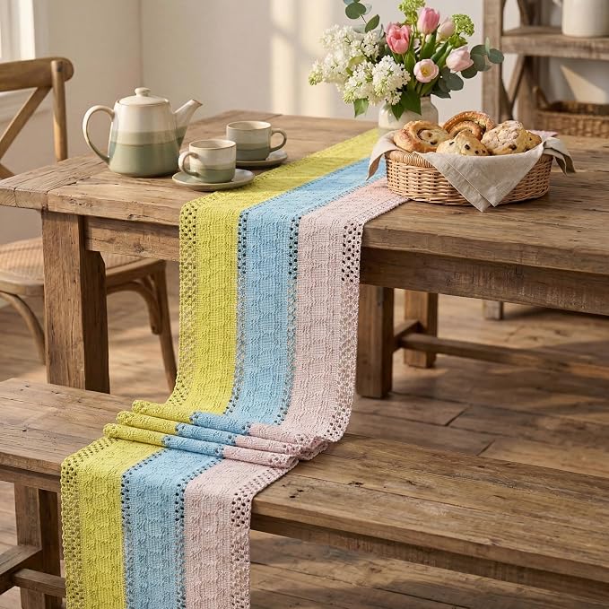 Artoid Mode Yellow Blue Pink Farmhouse Rustic Table Runner 12x108 Inch | - Image 5