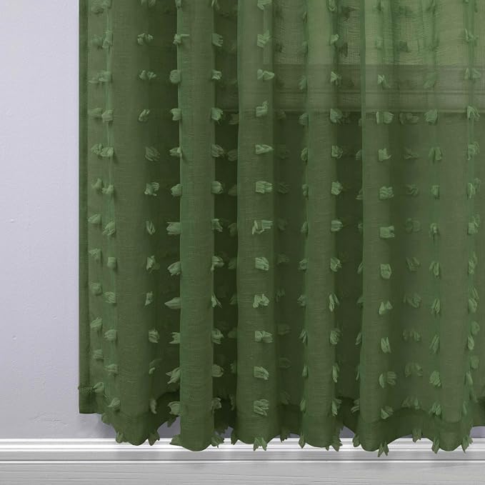 KOUFALL Olive Green Curtains for Living Room Bedroom, Sheer Boho Pom Pom - Image 5