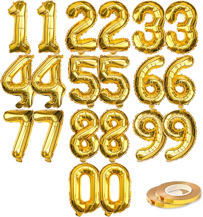 20 Pcs Gold 16" Number Balloons 2 Sets 0-9 Foil Balloon Numbers Décor | Glossy by Makeyourpartypop