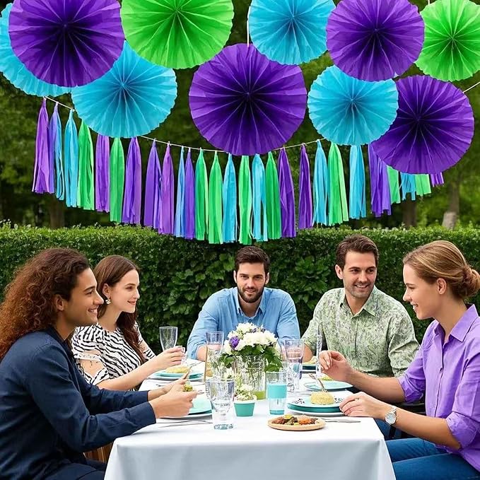 Purple Green and Blue Tissue Paper Tassels 30pcs Streamers Party - Image 3