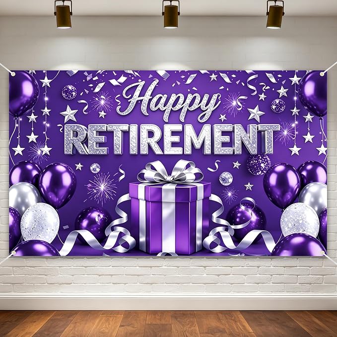 Purple Retirement Party Decorations 72x43" Happy Retirement Backdrop Banner | by Dormirpilow