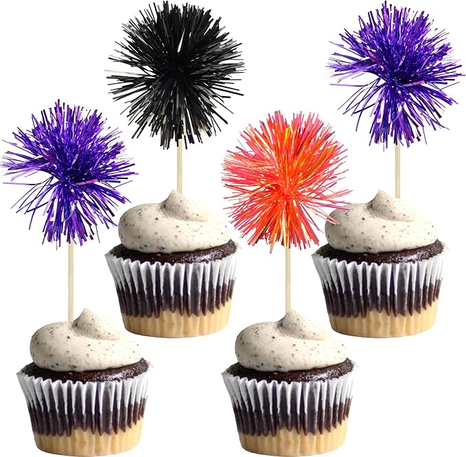Gyufise 30Pcs Foil Firework Cupcake Toppers Sparkle Tinsel Cake Toppers Tinsel by Gyufise