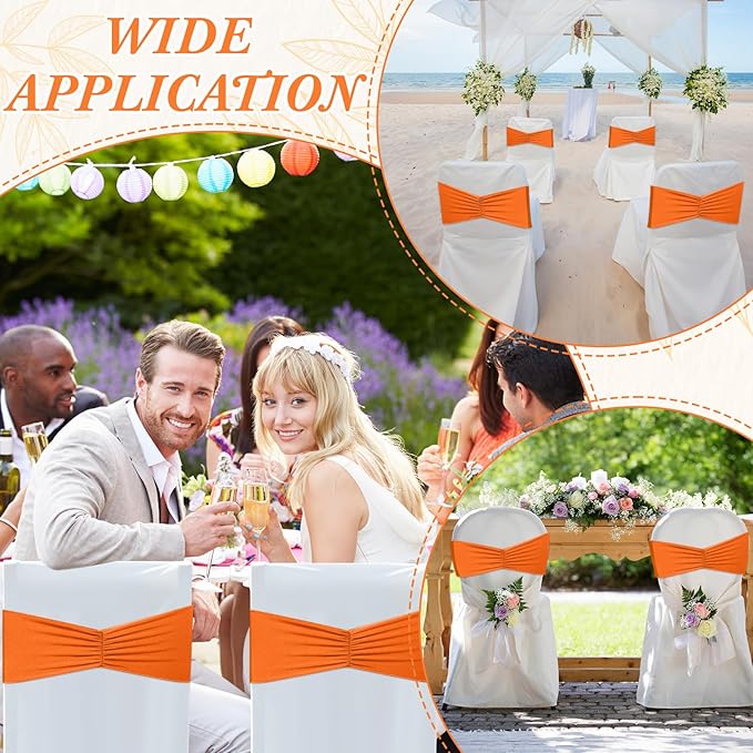 Moukeren 100 Pcs Spandex Chair Sashes Bows Bands Slider Sashes for Chair Covers Elastic Bands Ties Ribbon Decorations for Wedding Party Events Ceremony Birthday Banquet(Orange)
