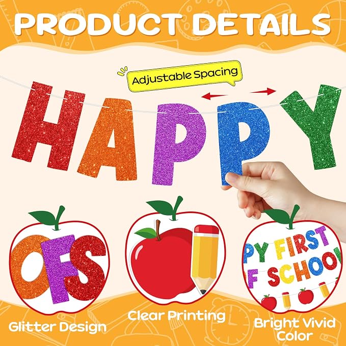 Happy First Day of School Decorations, Pre-Strung Back to School Banner | - Image 3