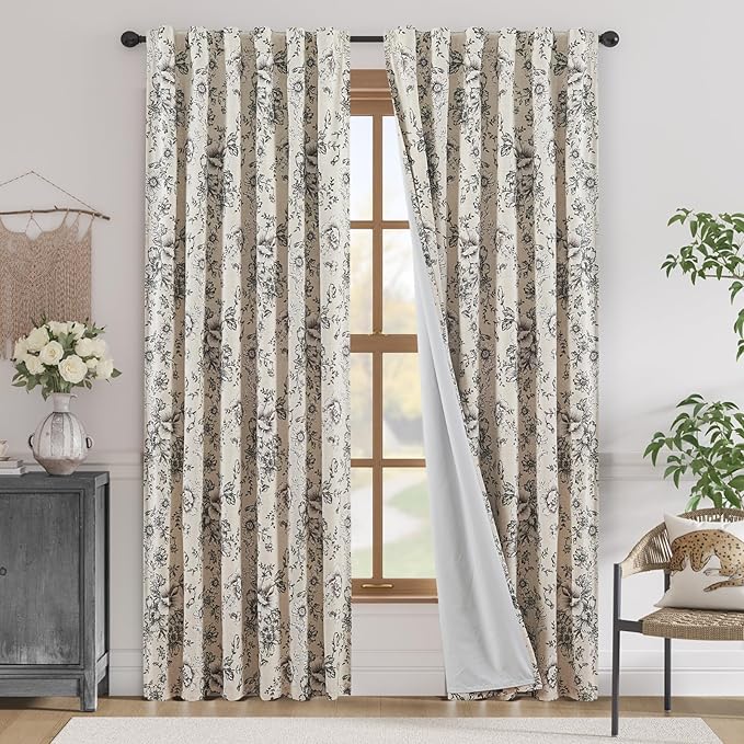 jinchan Black Floral Linen Blackout Curtains 84 Inch Back Tab 2 Panels | by JINCHAN