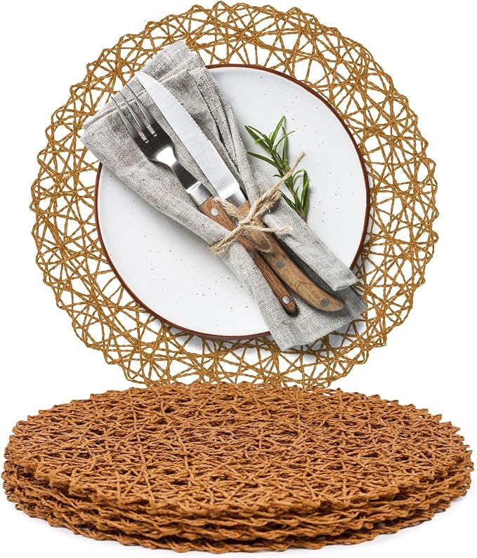 AHHFSMEI Paper Braided Round Placemats Set of 6 Natural Non-Slip Heat Resistant by AHHFSMEI