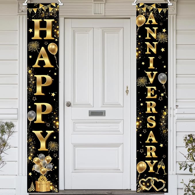 Avezano Happy Anniversary Door Banner Black and Gold Anniversary Decorations by AVEZANO