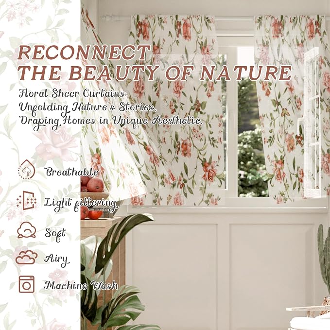Sheer Curtains 54 Inch Length 2 Panels Set, Floral Patterned Linen Look - Image 2