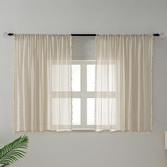 WAZZIO Boho Lace Curtains 54 Inches 2 Panel, Light Filtering Privacy Tassel & - Image 3