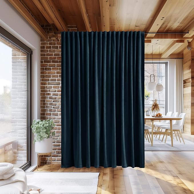 Extra Wide Room Divider Curtains Navy Blue Velvet Blackout Thermal Energy - Image 4