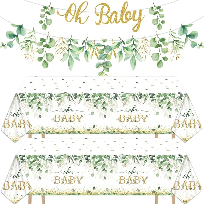 Greenery Baby Shower Banner Eucalyptus Leaves Oh Baby Tablecloth by Tevxj
