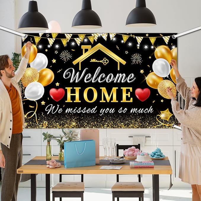 AIBIIN 8x6ft Welcome Home Banner Decorations Black Gold Welcome Home Backdrop - Image 6