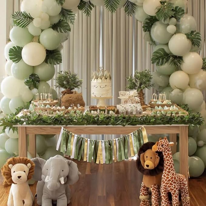 Sage Green and Gold Ribbon Tassel Garland Banner | Wild One Birthday Party - Image 3