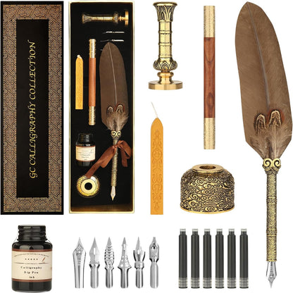 GC QUILL Calligraphy Set - 18pcs With Dual Tip Fountain Pen, Feather Dip Pen, Stamp, Wax Candle, Pen Base, Ink Bottle, Cartridges