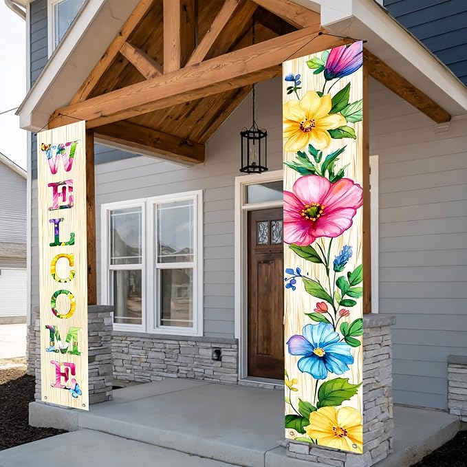 Hometitute 2 Pcs Spring Summer Welcome Floral Porch Banners Butterfly Flower - Image 9