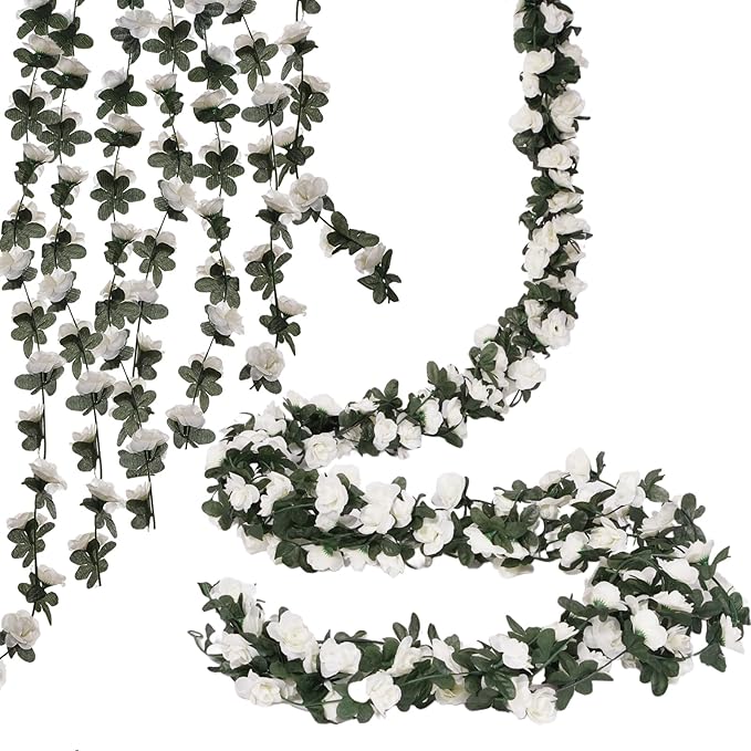 10 Pcs 82FT Flower Garland, Artificial Rose Garland Flowers Plants Fake Flower Hanging Rose Ivy, Birthday Party Valentine's Day Wedding Wall Arch Decor（White）