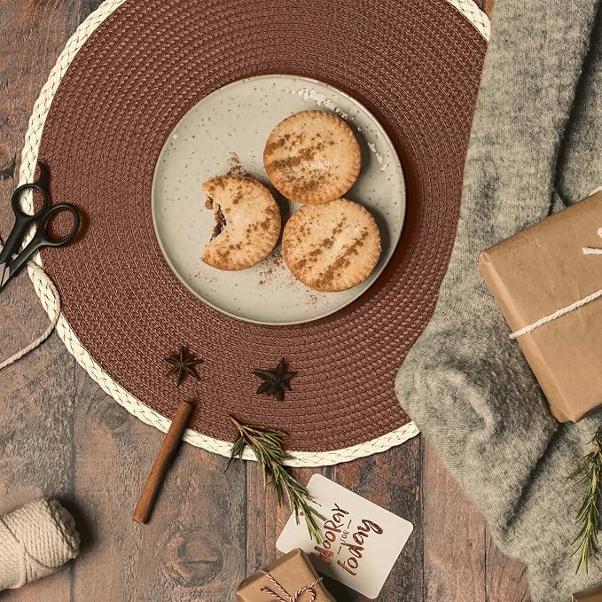 Round Placemats Set of 6, Woven Table Mats, Thin Edge, Chestnut Brown | Braided - Image 5