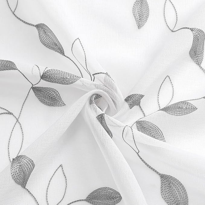 Tollpiz Grey Leaf Sheer Curtains Living Room 54 x 63 Inches | Leaves - Image 9