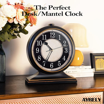 AYRELY® Vintage Desk Clock Silent-Non-Ticking 10-inch dial Table Clock,Retro Mantel Clocks and Easy to Read for Living Room, Bedroom, Shelf Decoration, Fireplace, Farmhouse Decor (Black)