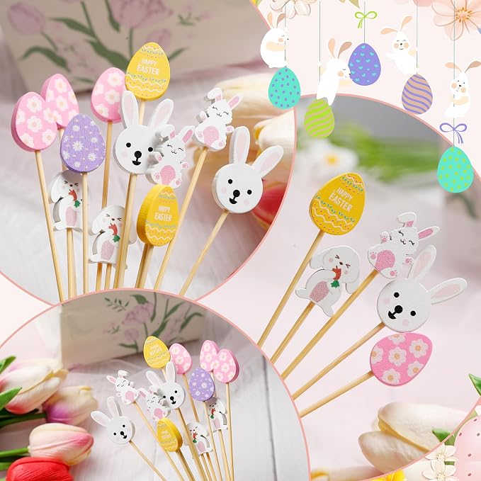 100 Pcs Easter Cocktail Picks, 4.7 Inch Rabbit Bunny and Eggs Toothpicks - Image 3