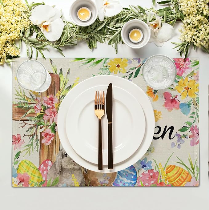 He is Risen Easter Placemats Set of 4 12x18 Inch Bunny Floral Cross Table Mats - Image 3