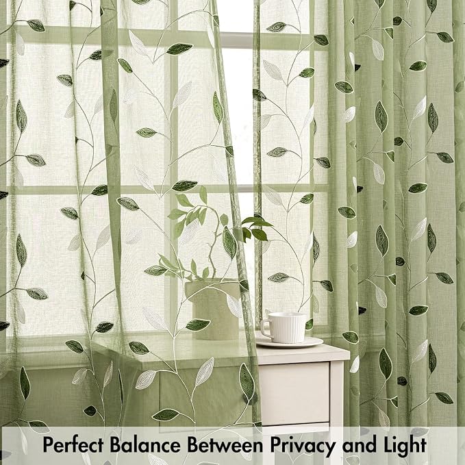 MIULEE Sage Green Sheer Curtains 2 Panels Leaf Patterned, W30 x L24 | - Image 5