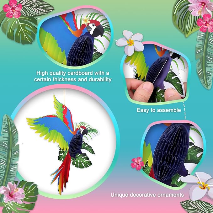 Summer 9 Pcs Tropical Birds Honeycomb Paper Cutouts Luau Parrot Party Decor | - Image 4