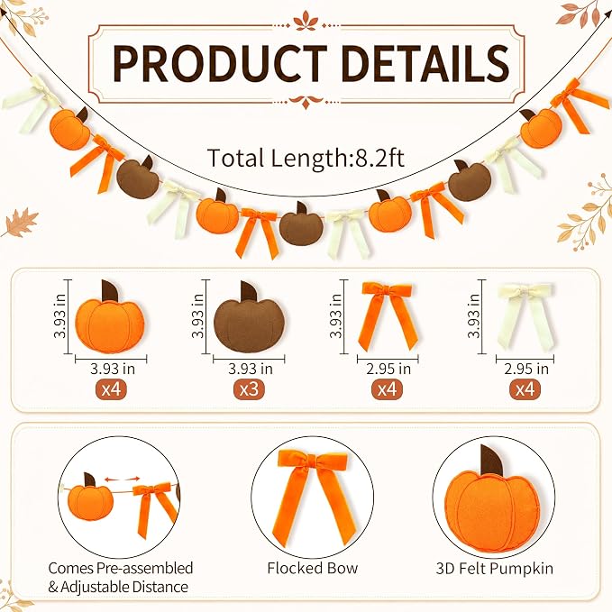 Fall Thanksgiving Felt Pumpkin & Bow Garland - Image 2
