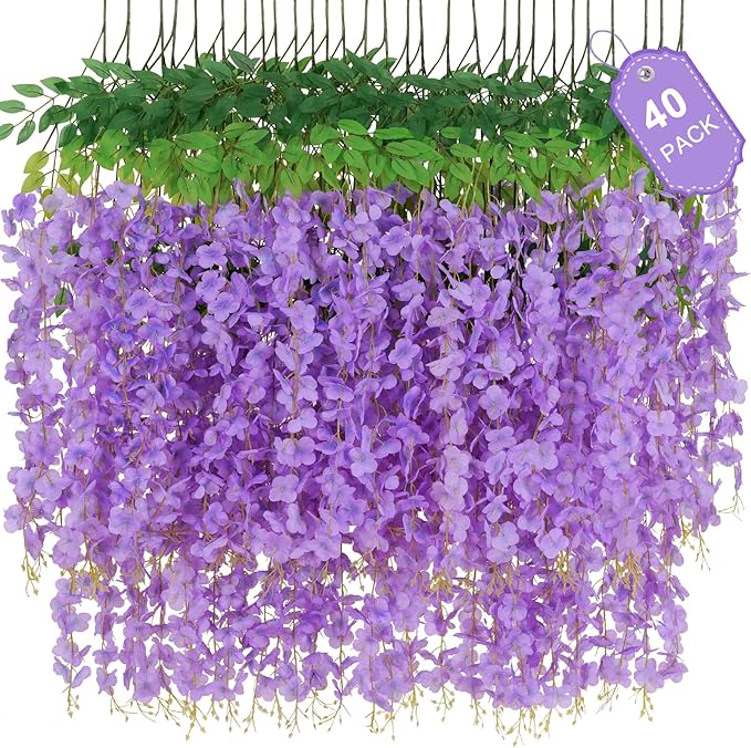 40 Pack Purple Wisteria Hanging Flowers, Fake Hanging Flowers by Waipfaru