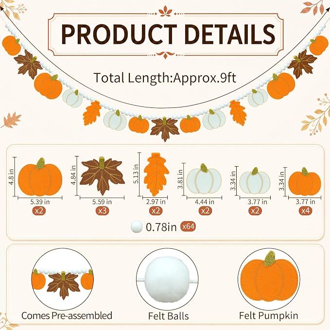 Fall Decorations, Fall Felt Maple Leaves & Pumpkin Garland - Image 2