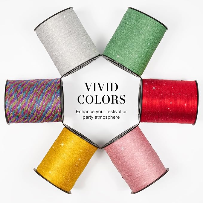 Rainbow Curling Ribbon, 500 Yards, 1/5 Inch | Glitter, - Image 7