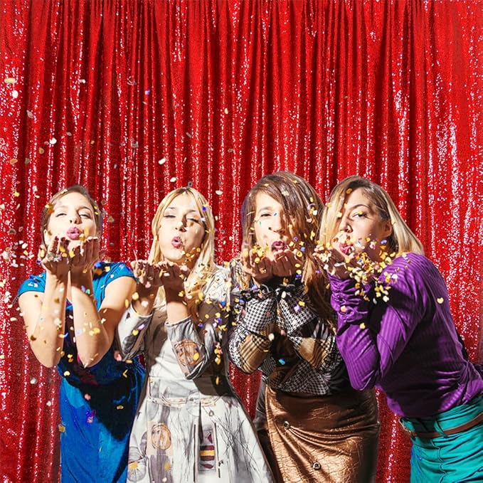 SquarePie Sequin Backdrop Curtain Not See Through Thick Glitter Background for Party 8FT x 8FT Red
