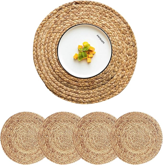 Round Woven Placemats Set of 4, Natural Water Hyacinth Place mats, 13.5 Inch by CYSISTERS