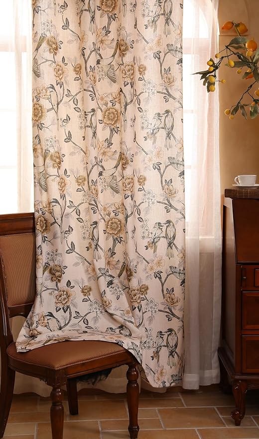 Designer French Linen Printed Curtains, 2 Panels, Bird and Flowers Pattern Draps - Image 9