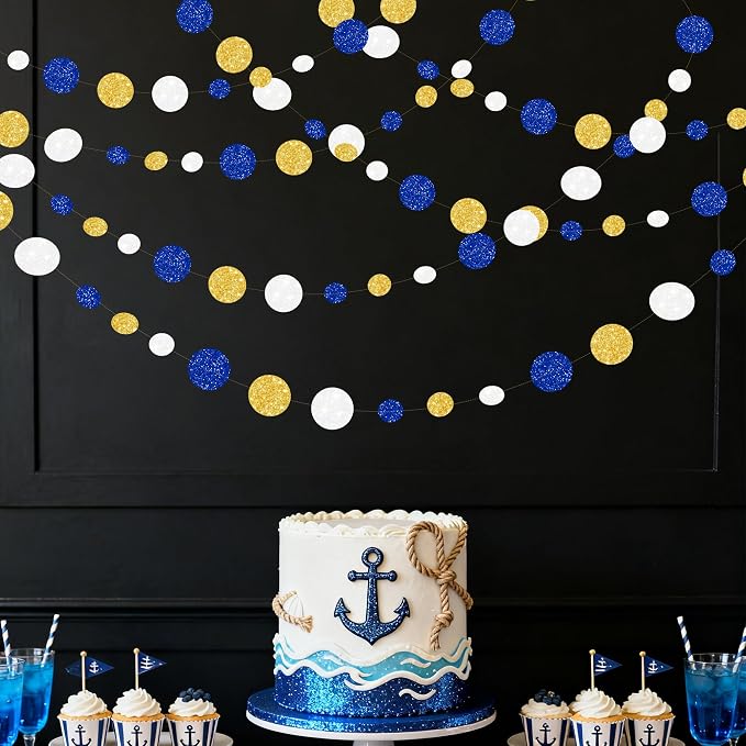 Royal Blue Gold White Party Polka Dot Garland Dark Blue Glitter Gold White - Image 8