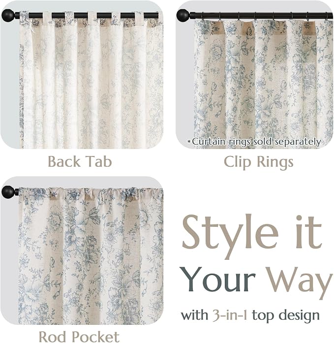 jinchan Blue Floral Linen Curtains 84 Inch Vintage Back Tab 2 Panels | Light - Image 4