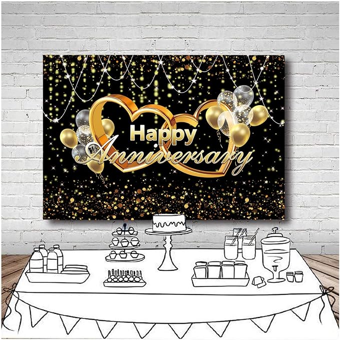 Happy Anniversary Backdrop Black and Gold Balloons Photography Background Poster - Image 2