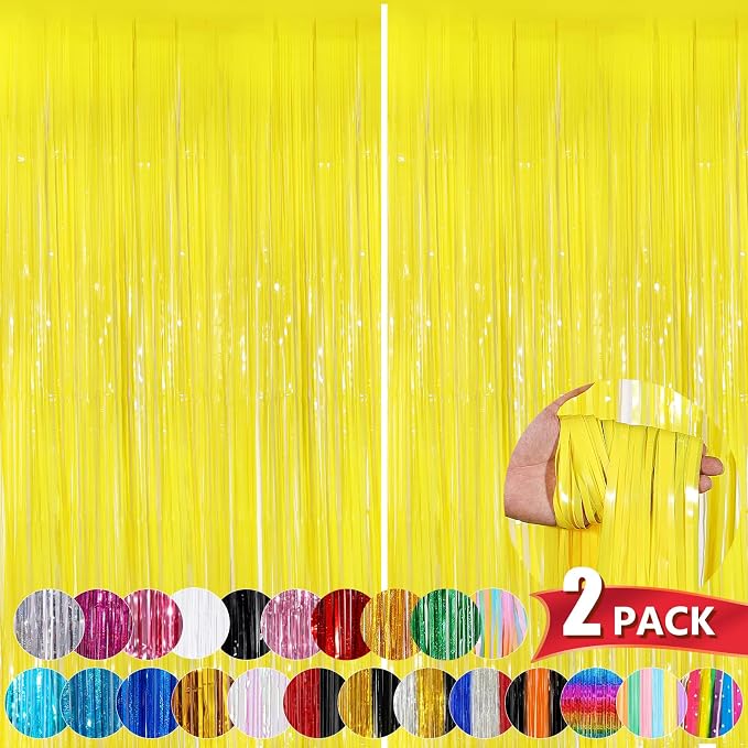 Macaron Yellow Metallic Tinsel Foil Fringe Curtains, 2 Pack 3.3x8.3 Feet by NUWDHP