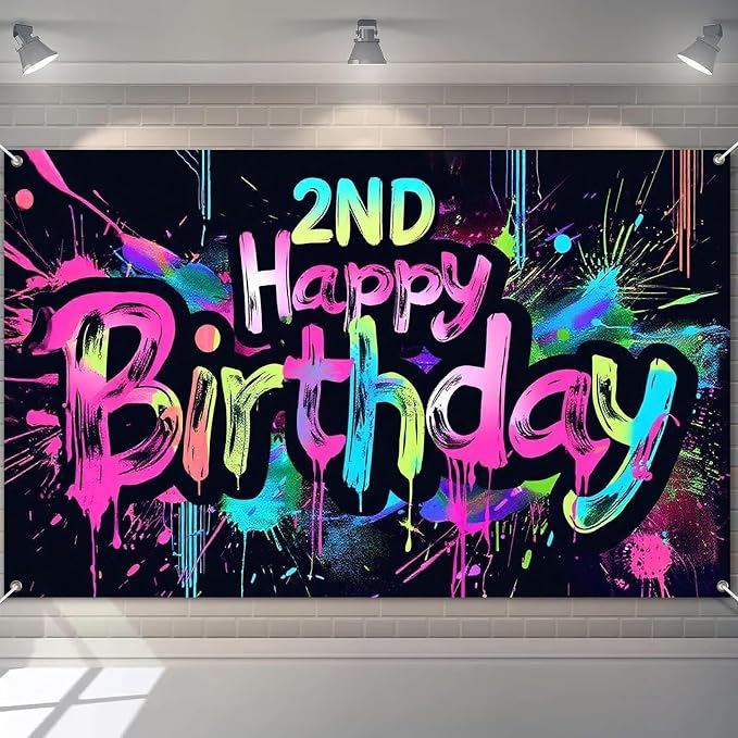 HOMETITUTE Neon 2nd Happy Birthday Party Banner 71x43 Inch Paint Splatter by HOMETITUTE